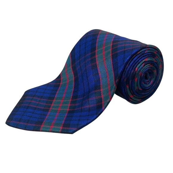 Vintage Brooks Brothers Blue Tartan Silk-Wool Patterned Tie Approx 58"x3.5" - Picture 1 of 7